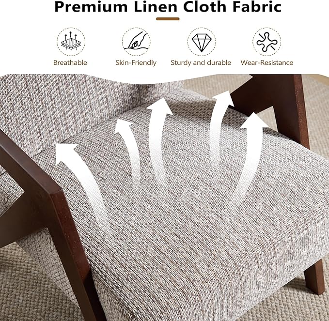 Bonzy Home Mid-Century Modern Accent Chair Set of 2 with Wood Frame, Upholstered Armchair for Bedroom & Living Room, Linen Fabric Cushion, Z-Shaped Armrest Design, Sturdy Lounge Chair