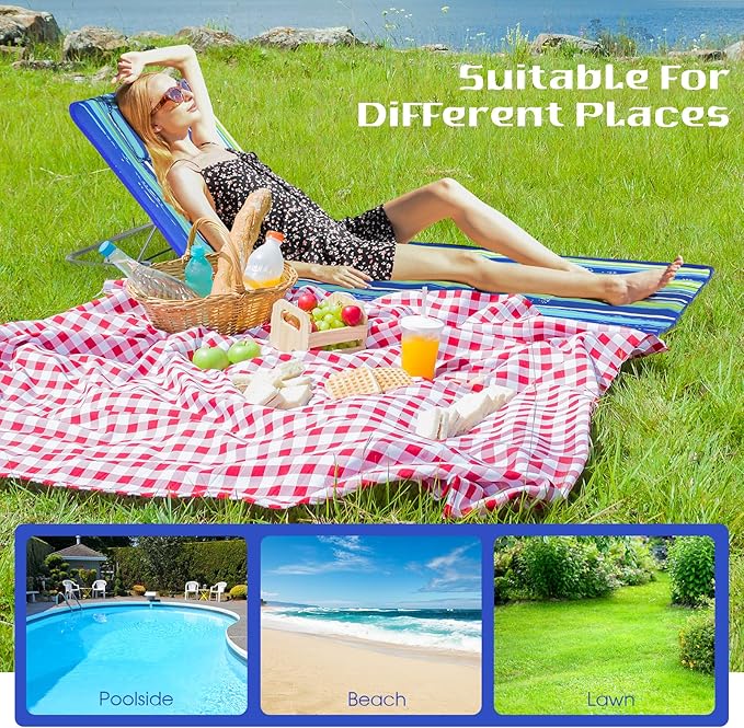 Tangkula 3-Piece Beach Chairs Set for Adults, Lightweight Lawn Lounge Chairs with 5 Adjustable Recline Positions, Zipper Pocket, Backpack 2 Pack with Folding Side Table (Stripe)