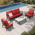HERA'S HOUSE 4 Piece Metal Patio Furniture Set, All Weather Outdoor Conversation Set with 3 Seat Sofa, 2 x Cushioned Fixed Chair & Coffee Table, Seats 5 for Backyard, Garden, Deck, Red