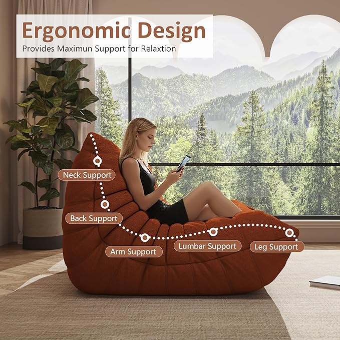Bean Bag Chair, Oversized Bean Bag Chair for Living Room, Fireside Chair for Adults with Memory Foam Filled, Big Accent Lounge Floor Sofa for Reading, Relax, No Assembly Required. (Orange 3-Seater)