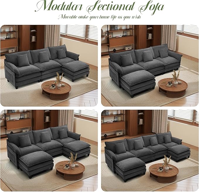 Modular Sectional Sofa, Comfy Cloud Couch with Movable Ottoman, Deep Seat Couches for Living Room, Bedroom and Apartment, 106" U Shaped Modern Sofa with Pillows, Grey