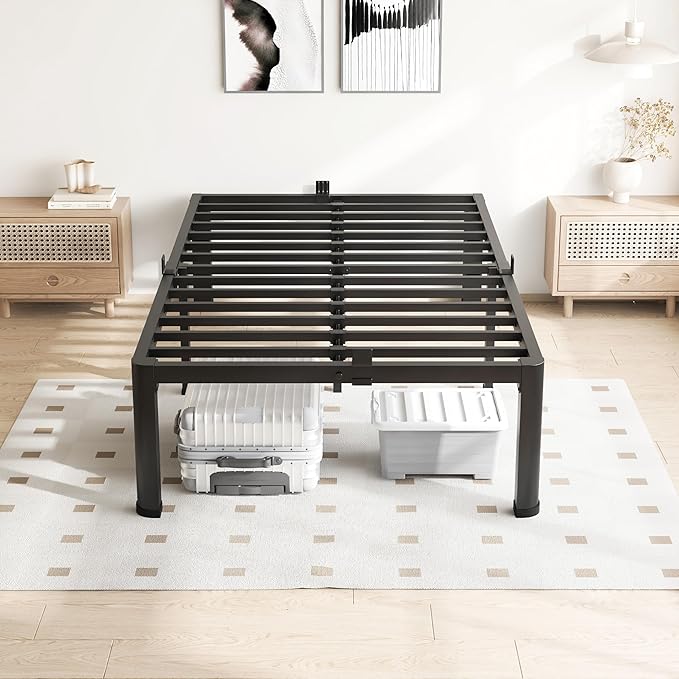 VIPSHOW 14 Inch Twin Size Bed Frame, 3500Lbs Heavy Duty Metal Platform with Round Corner Legs Mattress Slide Stopper, Steel Slat Support No Box Spring Needed, Noise Free, Non-Slip, Easy Assembly