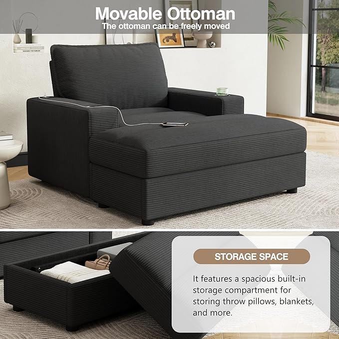 Merax 42.8" Oversized Chaise Lounge Chair with Storage Ottoman,Corduroy Sofa Bed with Cup Holders,USB Charging Port,Upholstered Sleeper Chair,Deep - Seat Reading Couch for Living Room,Bedroom,Grey