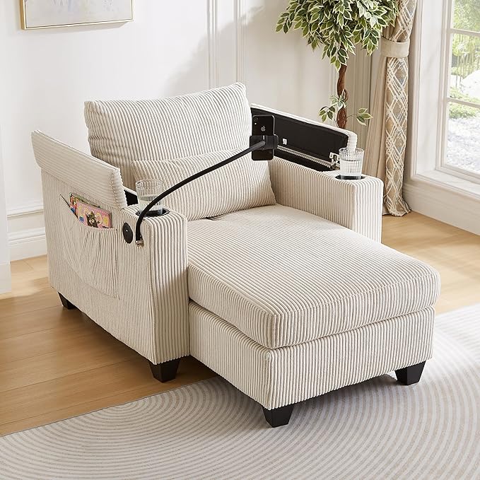 Merax Modern 37.4" Chaise Lounge with Charge Statio, Phone & Cup Holders, Upholstered Sofa Recliner Chair w/Pillow, Side Pockets & Drawers for Living Room Bedroom,Beige