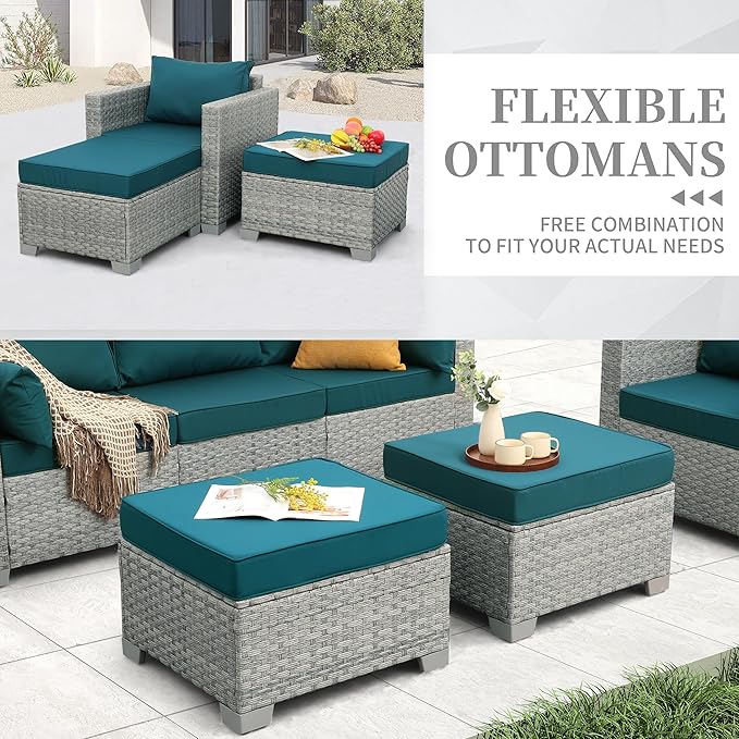 WAROOM Patio Furniture Set 6 Piece Grey Wicker Outdoor Sectional Sofa Balcony Furniture Couch PE Rattan Conversation Sets with Fire Pit Table, Peacock Blue Cushion