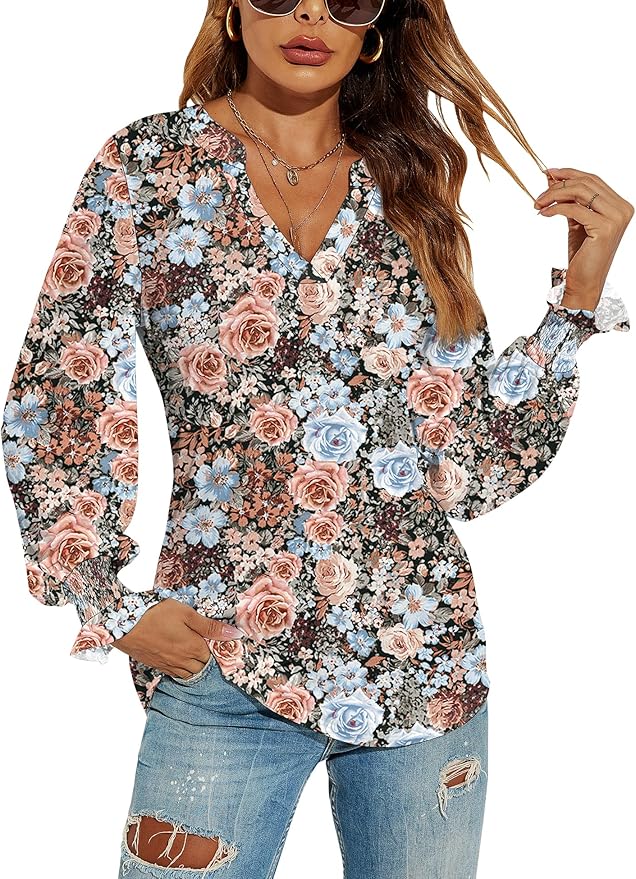 Romanstii Women's Casual V-Neck T-Shirts Loose Puff Long Sleeve Tops Tunic Blouses