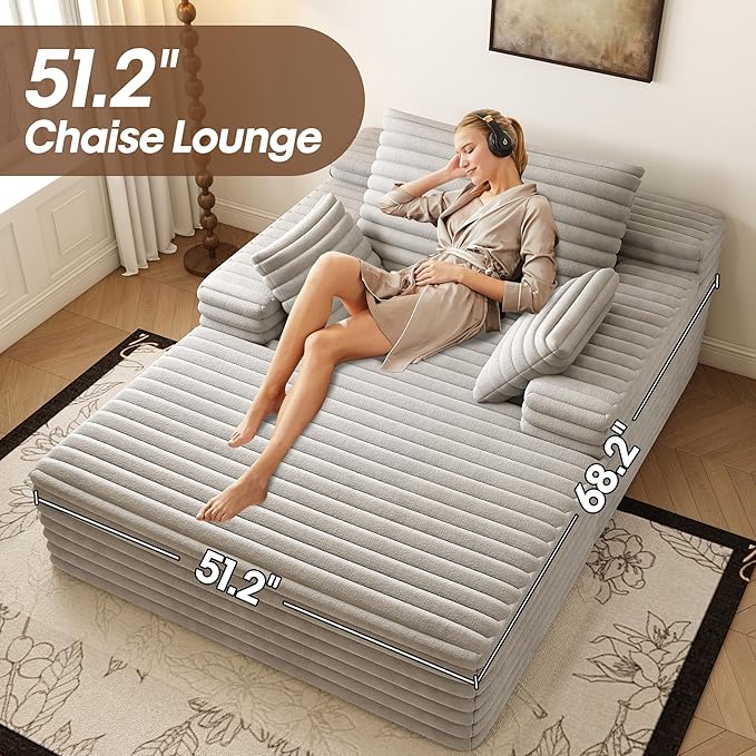 Oversized Chaise Lounge Chair Indoor,51" W Upholstered Sofa Bed,No Assembly Required,Fluffy Plush Modern Single Sleeper Couch Reading Chairs Corduroy Cloud Sofas Couches for Living Room, Bedroom,Grey