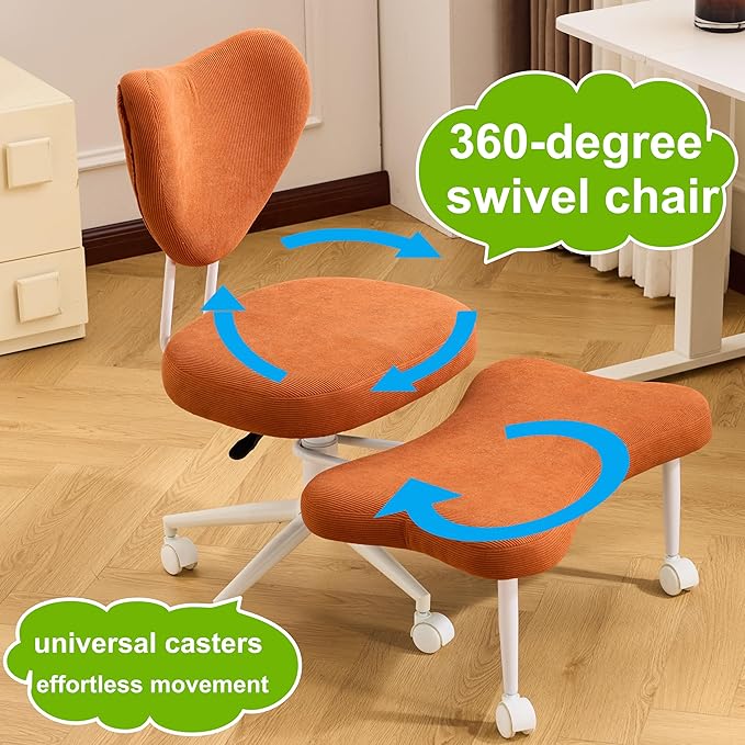 Meditation Chair with Lumbar Support, Ergonomic Floor Sitting Chair Adjustable Height, Cross Legged Chair for Office, Yoga & Mindfulness, Cushioned Seat with Wheels (Orange)