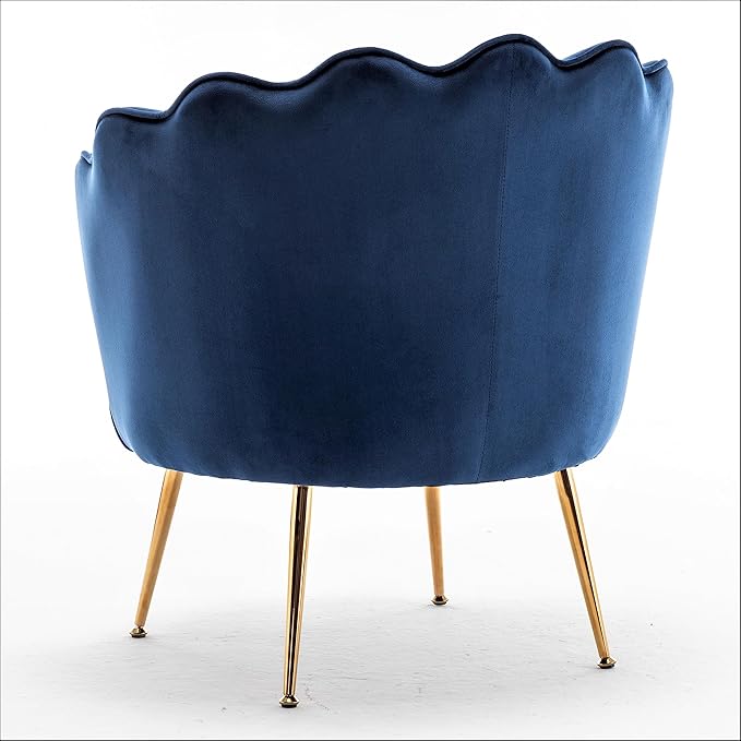 Container Furniture Direct Velvet Barrel Accent Chair with Scalloped Silhouette and Gold Metal Legs, Decorative Piece Suitable for Traditional, Modern, and Contemporary Spaces, Navy Blue