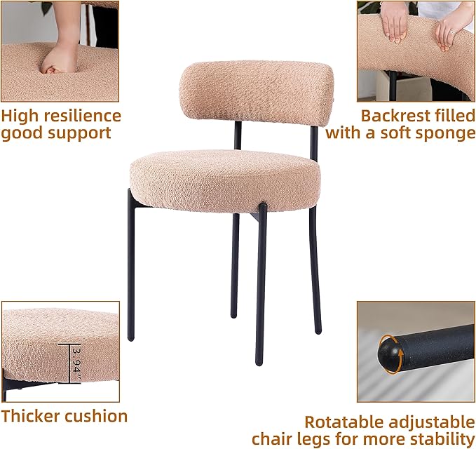 DYHOME Boucle Dining Chairs Set of 4, Upholstered Kitchen Dining Room Chairs, Side Chairs with Thick Cushions and Metal Legs for Kitchen Living Room, Camel Color