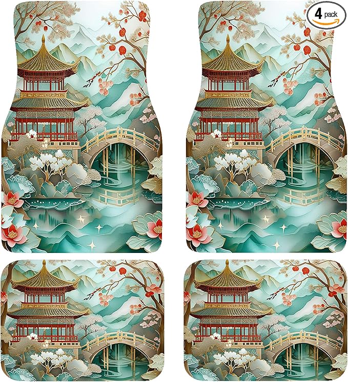 Artistic Fabric Car Floor Mats-Non-Slip Rubber Backing,Asian Palace,Front (26.8x17.3in) & Rear (13x17.3in) Set-Water Absorbing, Durable Automotive Floor Liners with Stylish Patterns