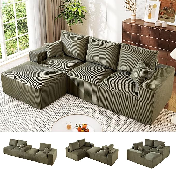 WESTSETLUX 108” Cloud Sectional Sofa Couch with High-Seat, Corduroy Modular Sofa with Oversized Chaise, High-Back Modern L-Shaped Couches for Living Room, No Assembly Required (Green)