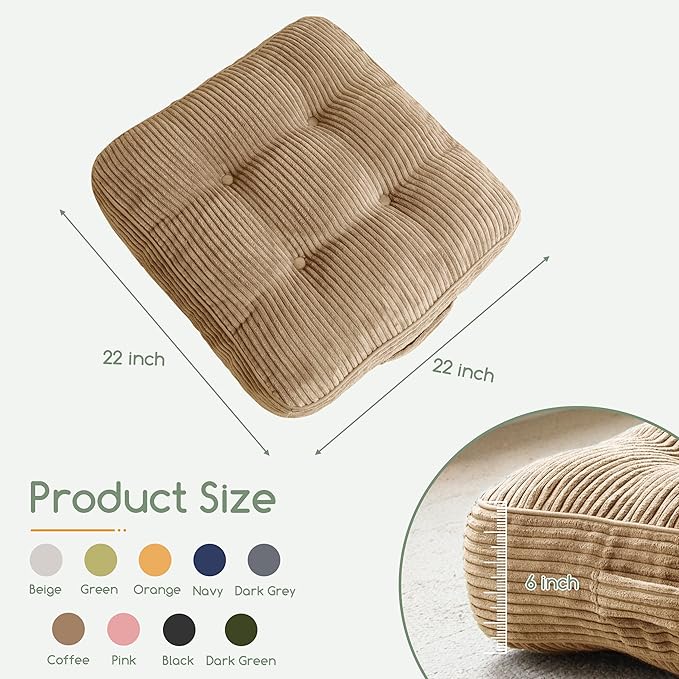 6" Washable Floor Pillow Cushion for Adults, Meditation Cushion Pillow, Large Square Floor Sitting, Removable Tufted Corduroy Cover, for Tatami Living Room or Yoga, 22x22 Inch, 2Pack, Machine Washable