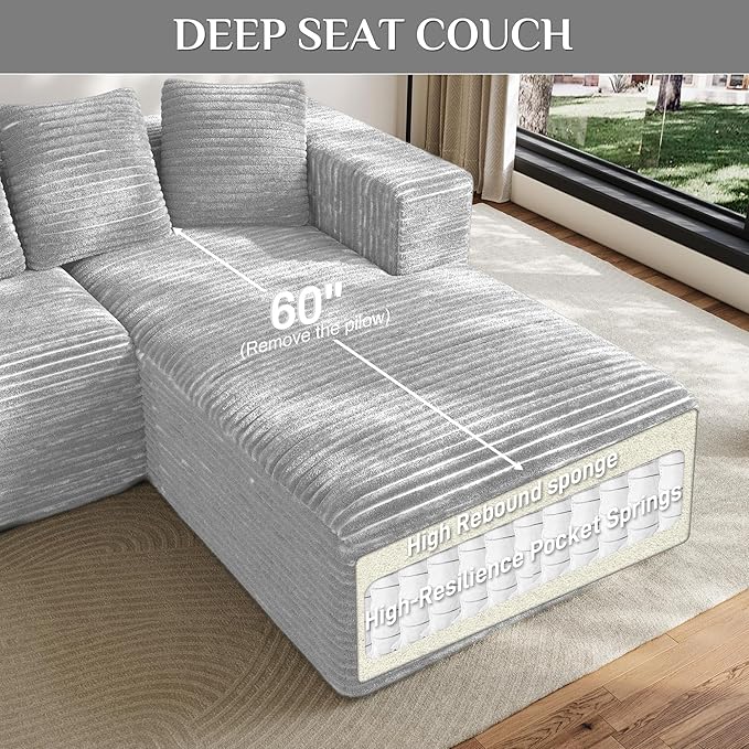 Modular Sectional Sofa, 107" L Shaped Cloud Couch Plush Corduroy Deep Seat Boneless Sofas with 5 Pillows Long Chaise Lounge Couches Memory Foam for Living Room - Grey, Right Facing Chaise