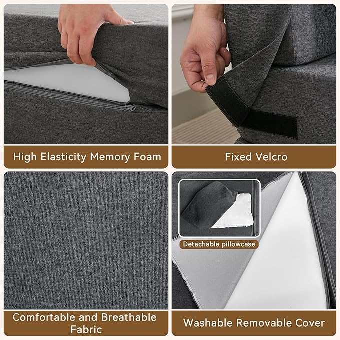 Folding Sofa Bed Convertible Floor Couch Foldable Chair Bed with Pillow，Linen Sleeper Chair Futon,Foldable Memory Foam Mattress for Bedroom/Living Room/Dorm/Office (Dark Grey, Single)