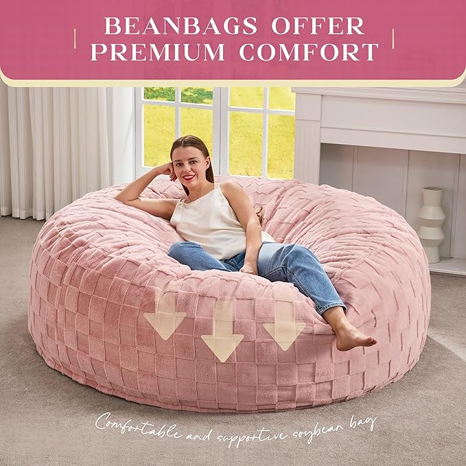 Hobestluk Bean Bag Chairs Beanbag Chair with Filler Adult Bean Bags with Fluffy Cover, Giant Bean Bag Chairs for Aduts for Living Room, Bedroom (Pink, 6FT - 70" x 70" x 15")