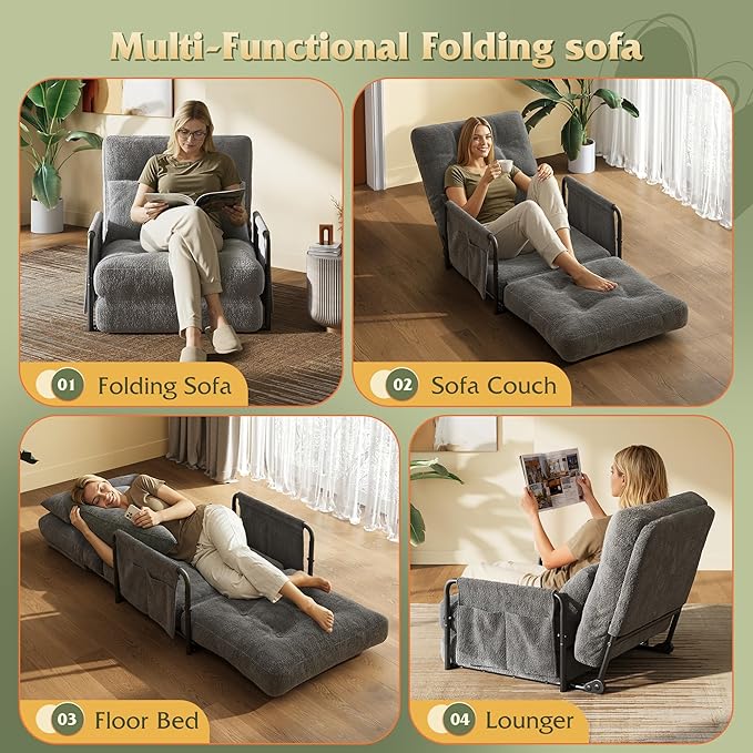 WLIVE Futon Sofa Bed Couch with Adjustable Backrest, Bean Bag Chairs for Adults, Floor Couch with Armrest, Pillow, Low Profile Floor Seating for Living Room, Reading, Bedroom, Single, Grey