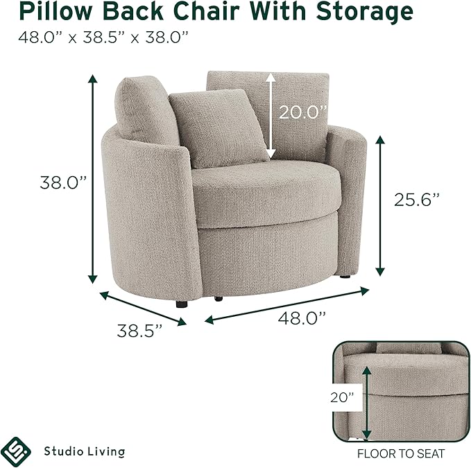 Studio Living® Beckett 48" Storage Chair, Modern Farmhouse, Pocket Coil Comfort, Easy Assembly, Chenille Fabric, Taupe