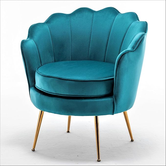 Container Furniture Direct Velvet Barrel Accent Chair with Scalloped Silhouette and Gold Metal Legs, Decorative Piece Suitable for Traditional, Modern, and Contemporary Spaces, Greenish Blue