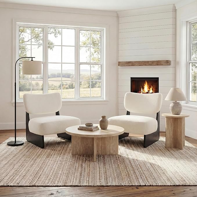 Beige Furry Living Room Chairs Set of 2, Cozy Upholstered Armless Accent Chair for Bedroom, Black Wood Frame, Vintage Modern Lounge Reading Chair for Apartment Waiting Room Office, Beige