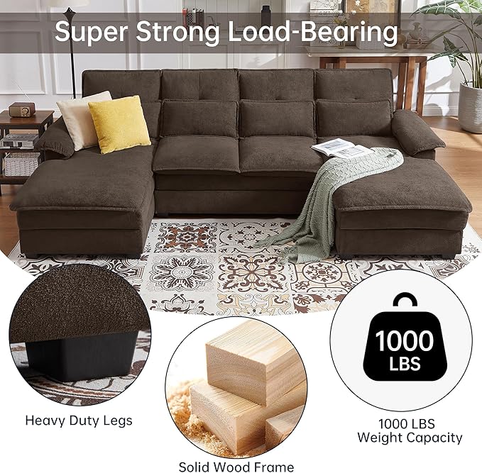Jarenie 110" Convertible Sectional Sofa, U Shape Cloud Couch, Comfy Couches with Double Chaise and Sleepable Armrests, 4 Seats Sectional Couches for Living Room, Coffee