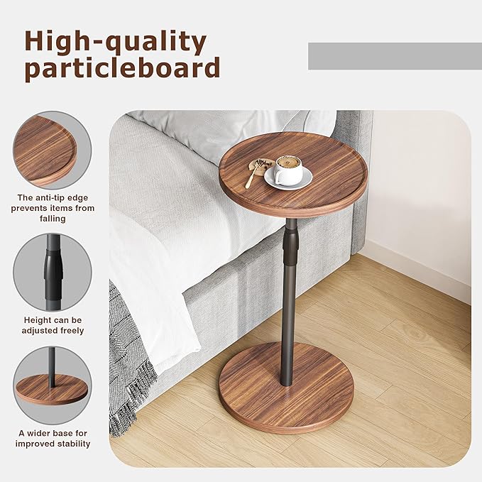 IRCPEN Adjustable End Table, Small Round Side Table, Drink Table for Small Spaces, Pedestal Nightstand for Living Room, Bedroom, Sofa Couch, Brown ET-010BR