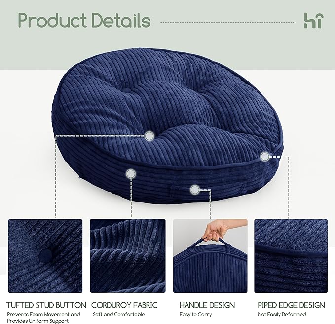 Washable Floor Pillow Cushion for Adults, Meditation Cushion Pillow, Large Round Floor Sitting, Removable Tufted Corduroy Cover, for Tatami Living Room or Yoga, 22x22 Inch, 2Pack, Machine Washable