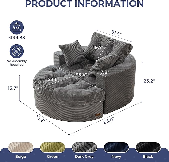 MAXYOYO Modular Sectional Chaise Lounge Sofa, Round Upholstered Lounge Chair with Ottoman, Comfy Couch with Layered Cushion, Tufted Sleeper Chair for Living Room, No Assembly, Dark Grey