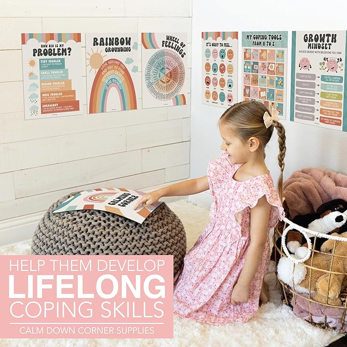 Hadley Designs 9 Calming Corner Posters For Classroom Must Haves For Teachers -11x14 Calm Down Corner Supplies, Feelings Chart For Kids Ages 4-8, Feelings Wheel Poster, Retro Classroom Decor