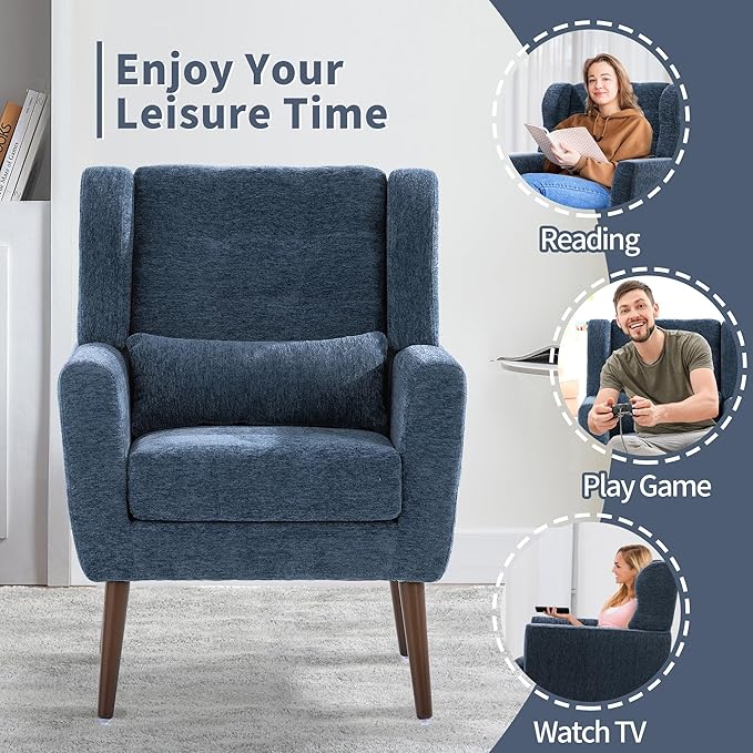 CHSICFOR Modern Accent Chair, Upholstered Arm Chair with Waist Pillow, Single Sofa Chair for Living Room Bedroom Small Spaces (Blue)