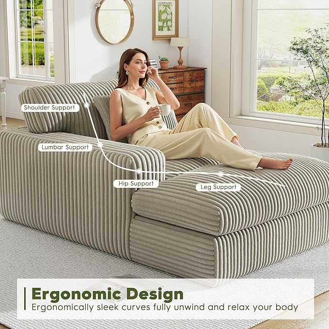 Oversized Chaise Lounge Sofa Chair Indoor，Soft Corduroy Fabric, Boneless sofawith Cushion，A Comfortable, deep-Seated Cloud Sofa for use in The Living Room.(Singler-Left-arm-Gray)