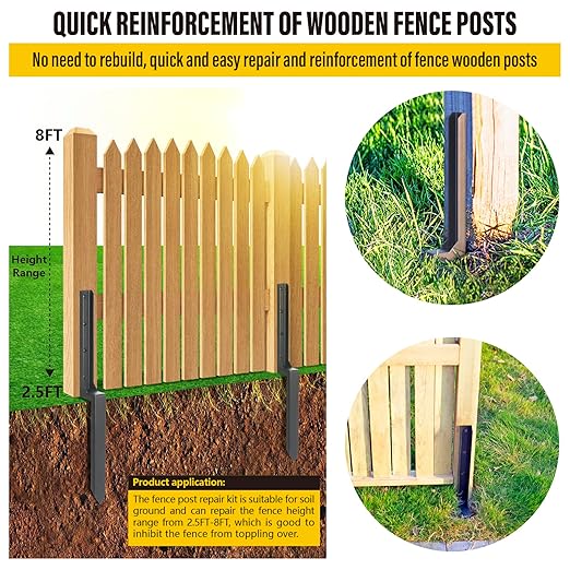 Epcee Heavy Duty Steel Fence Post Repair Stakes, Fence Post Anchor Ground Spike, for Repair Tilted/Broken Wood (8 Pack/Black