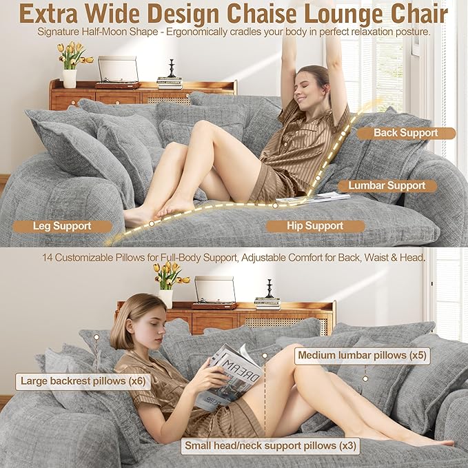 82'' Oversized Upholstered Sofa Bed, Round Chaise Lounge Chair Indoor, Modern Chenille Boneless Couch, No Assembly Required, Plush Sleeper Chair with 14 Pillows for Living Room, Light Grey