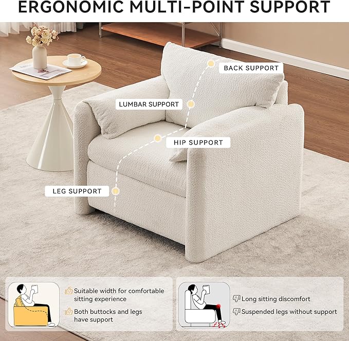 Plush Chenille Accent Chair - Modern Single Seater with High-Resilience Cushion, Compact Reading Chair for Living Room, Bedroom, Dorm Room, Ivory White