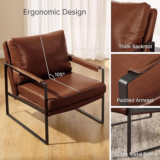 Zouron PU Leather Accent Chair for Bedroom, Living Room Chairs Modern Contemporary Upholstered Armchair with Metal Frame, for Living Room, Office, Reception Area, Set of 2, Red Brown