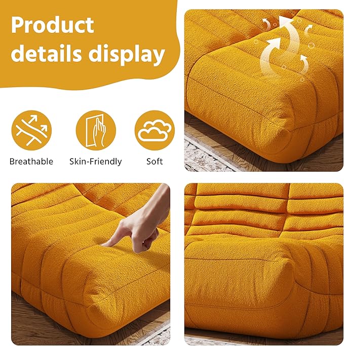 Bean Bag Chair, Fireside Chair, Large Bean Bag Chair for Adults, Bean Bag Chairs for Teens with High-Resilience Foam, Non-Slip Base Floor Lounge Sofa,Living Room (Yellow, Loveseat)