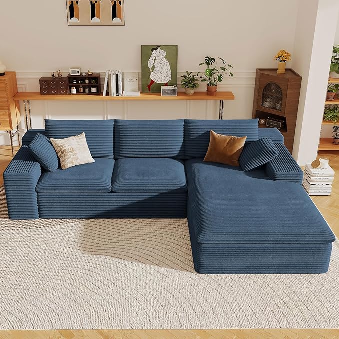 107" Cloud Sectional Couch with L-Shape Chaise, Modern Corduroy Viral Boneless Sofa for Living Room,Memory Foam Couches in a Box with Deep Seat,No Assembly Required (Blue,Right-Facing Chaise)