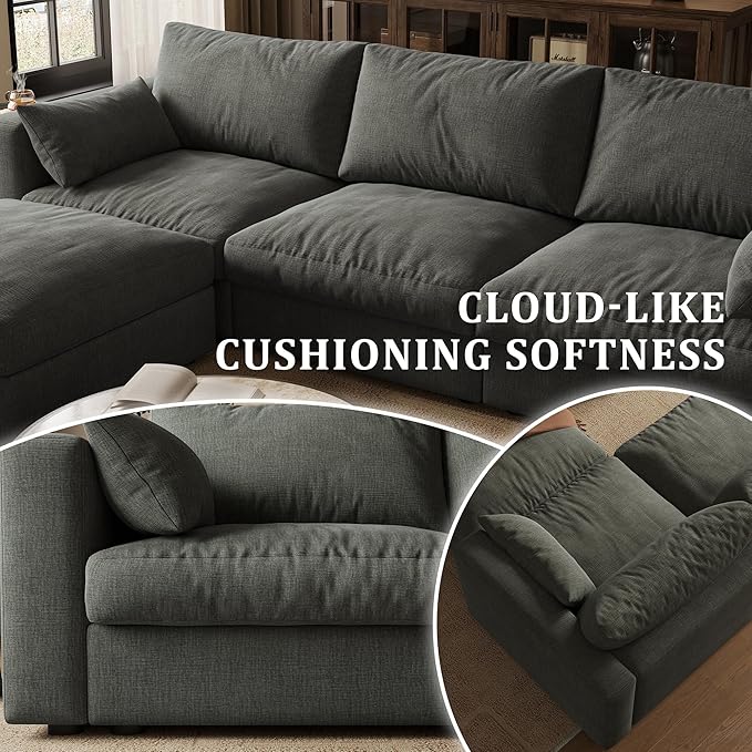 Cloud Modular Sectional Sofa Couch with Storage Ottoman, 128" Oversized Sectional Couches for Living Room, Cloud Modular U-Shaped Sofa with Chaise, 6 Seater, Chenille, Dark Gray