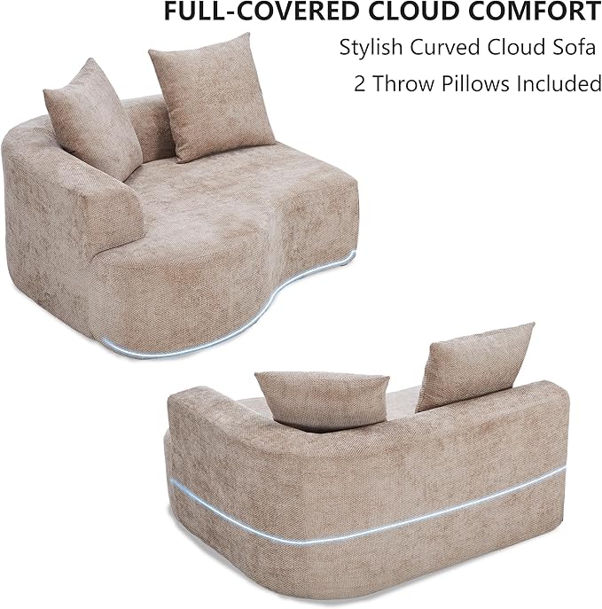 L Shaped Single Sofa, Modern Comfy Chenille Fabric Loveseat Couch, No Assembly Required Small Couch with Deep Seat, 2 Pillows for Living Room, Apartment, Bedroom