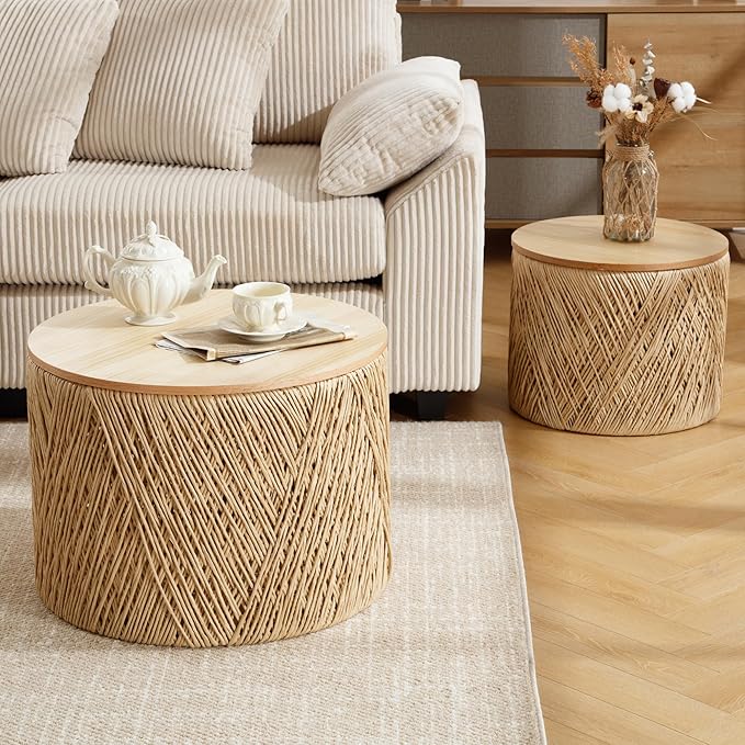 LZAREAL Farmhouse Round Coffee Table with Storage Boho Living Room Table with Lifting Top Hand-Woven Rattan Nesting Coffee Tables for Living Room, Natural
