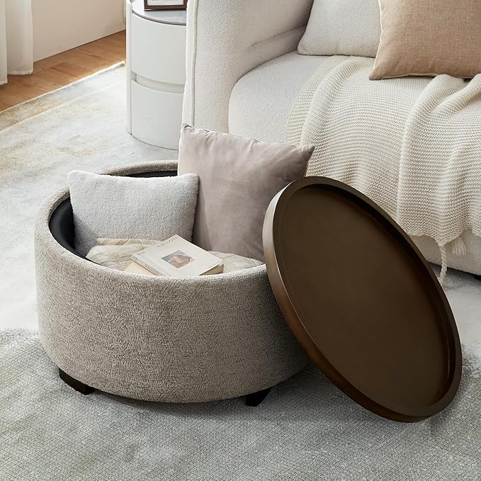 30 Inch Round Storage Ottoman, Ottoman Coffee Table with Lift Off Lid, Boucle Modern Ottomans with Storage for Living Room, Bedroom, Apartments (Light Brown Striped)