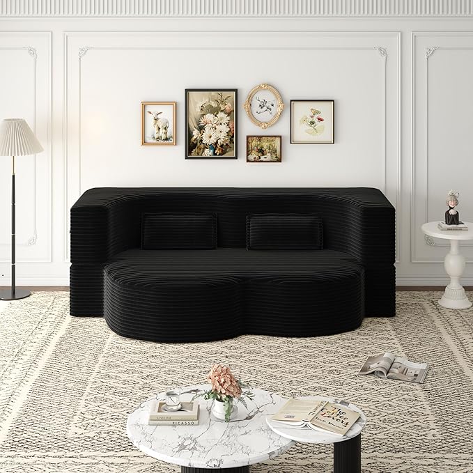 Modern Floor Sofa with 2 Pillows, Convertible Plush Corduroy Foam-Filled Sleeper Sofa Bed, Full Size Folding Mattress for Living Room, Guest Bed, No Assembly Required, Black