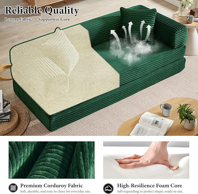 Chorlenimi Boneless Couch Futon Sofa Bed Sectional Couches for Living Room,Cloud Couch with Sleeper Sofa,Sofas for Living Room Oversized Corduroy Upholstered (Green, 76 Inches (No Iron Frame))