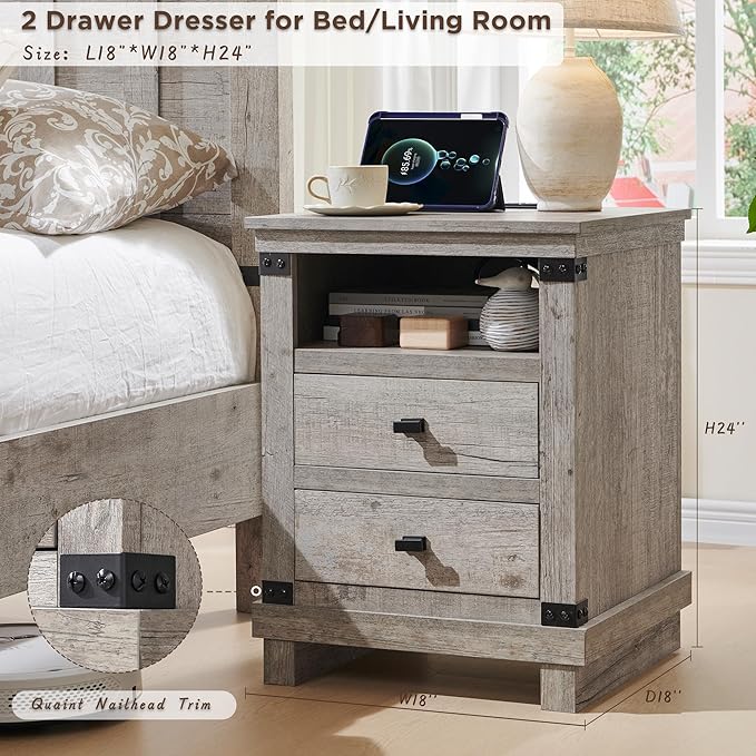 RedLemon Farmhouse Nightstand with Charging Station, 18" Rustic Night Stand with 2 Storage Drawers, Wood End Table for Bedroom, Living Room, Light Rustic Oak