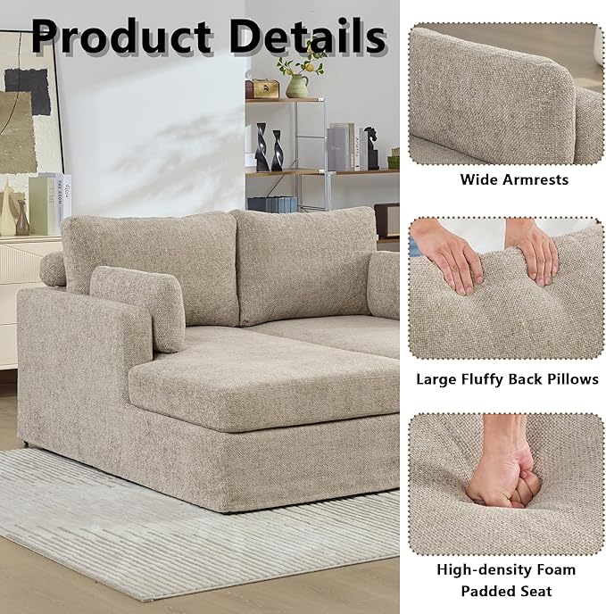 Arouseden 63"Oversized Chaise Lounge Taupe,Comfy Sectional Couches For Living room with Armrests and Throw Pillows,Wide Chaise Lounge Chair Indoor,Chenille Lounge Chair with Headrest for Neck Support