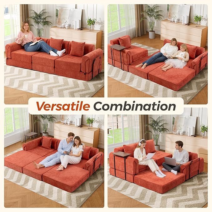 100" Oversized Convertible Sleeper Sofa Bed, Modular Sectional Cloud Sofa with Fixed-Shape Frame & Tabletop, Boneless Couch with Storage Pocket for Living Room, No Assembly Required, Orange