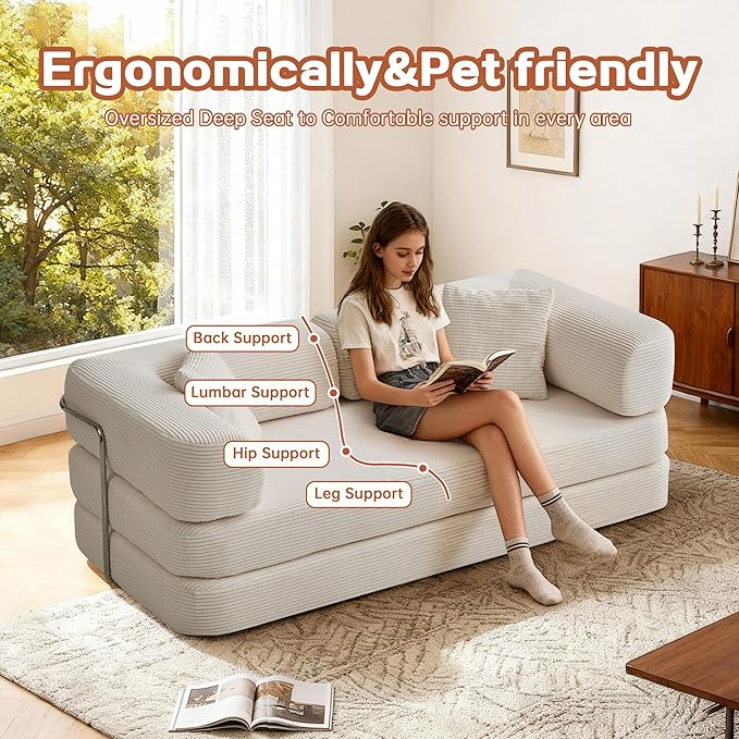 KEIKI 75" Modern Floor Sofa Bed with Convertible Blanket Pillow,Enhanced Frame Stability,Compressed Couch for Living Room Bedroom