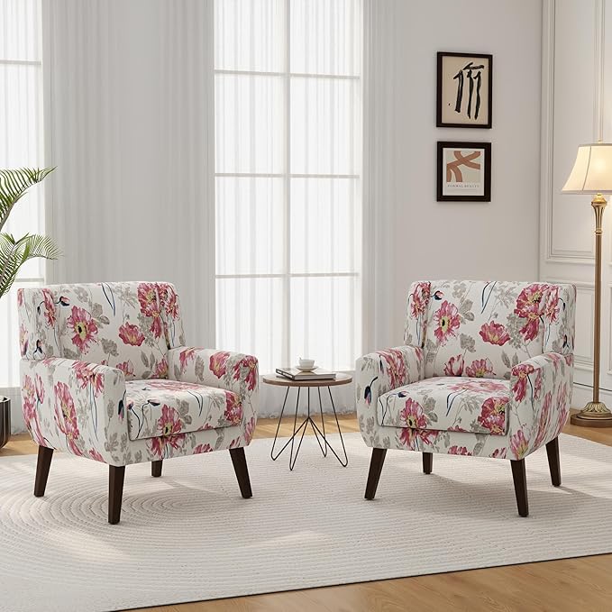 DREAMSIDEA Accent Chairs, Modern Linen Blend Arm Chair for Living Room, Bedroom, Comfy High-Resilient Sponge Reading Chair for Small Spaces (Pattern Pink Floral, Set of 2)