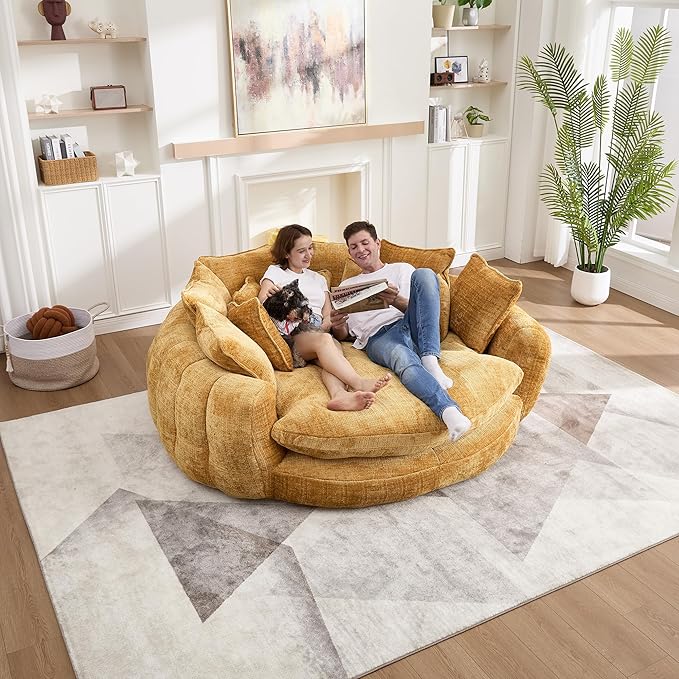 81" Oversized Bean Bag Chair Boneless Round Chaise Lounge Comfy Chenille Reading Chair Fluffy Plush Sofa Bed Large Deep Seat Circle Cloud Couch for Living Room, Bedroom, Apartment, Yellow