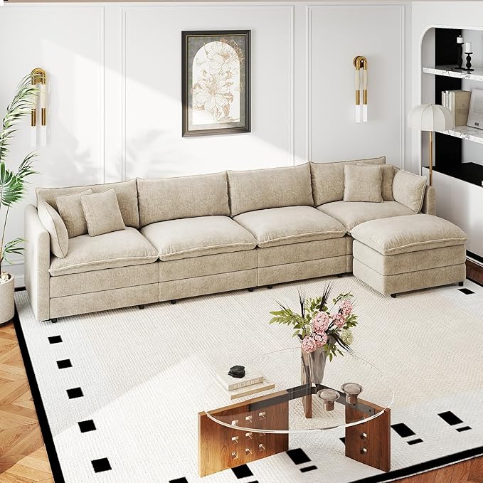 Aoowow Modular Sectional Sofa Modern Convertible L Shaped Couch,147.2 Inch Deep 4-Seater Sofas Set Comfy Chenille Cloud Sofas and Couches with Movable Ottoman for Living Room Apartment（Camel）